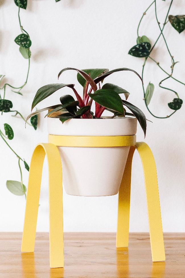 Teal lifted metal plant stand holding a white porcelain pot with a planted houseplant