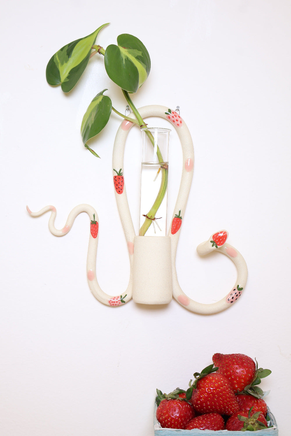 An organic s-shaped white ceramic wall snake with an attached ceramic vase to hold a glass tube for plant propagations. The snake is adorned with red strawberry accents and pink polka dots. The piece holds a green leafy plant, creating a charming, decorative wall piece.