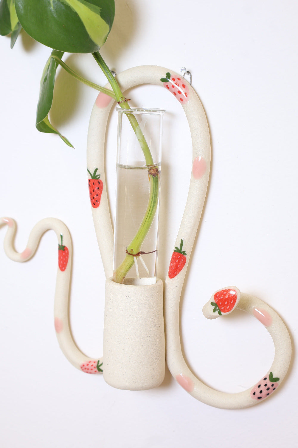 An organic s-shaped white ceramic wall snake with an attached ceramic vase to hold a glass tube for plant propagations. The snake is adorned with red strawberry accents and pink polka dots. The piece holds a green leafy plant, creating a charming, decorative wall piece.
