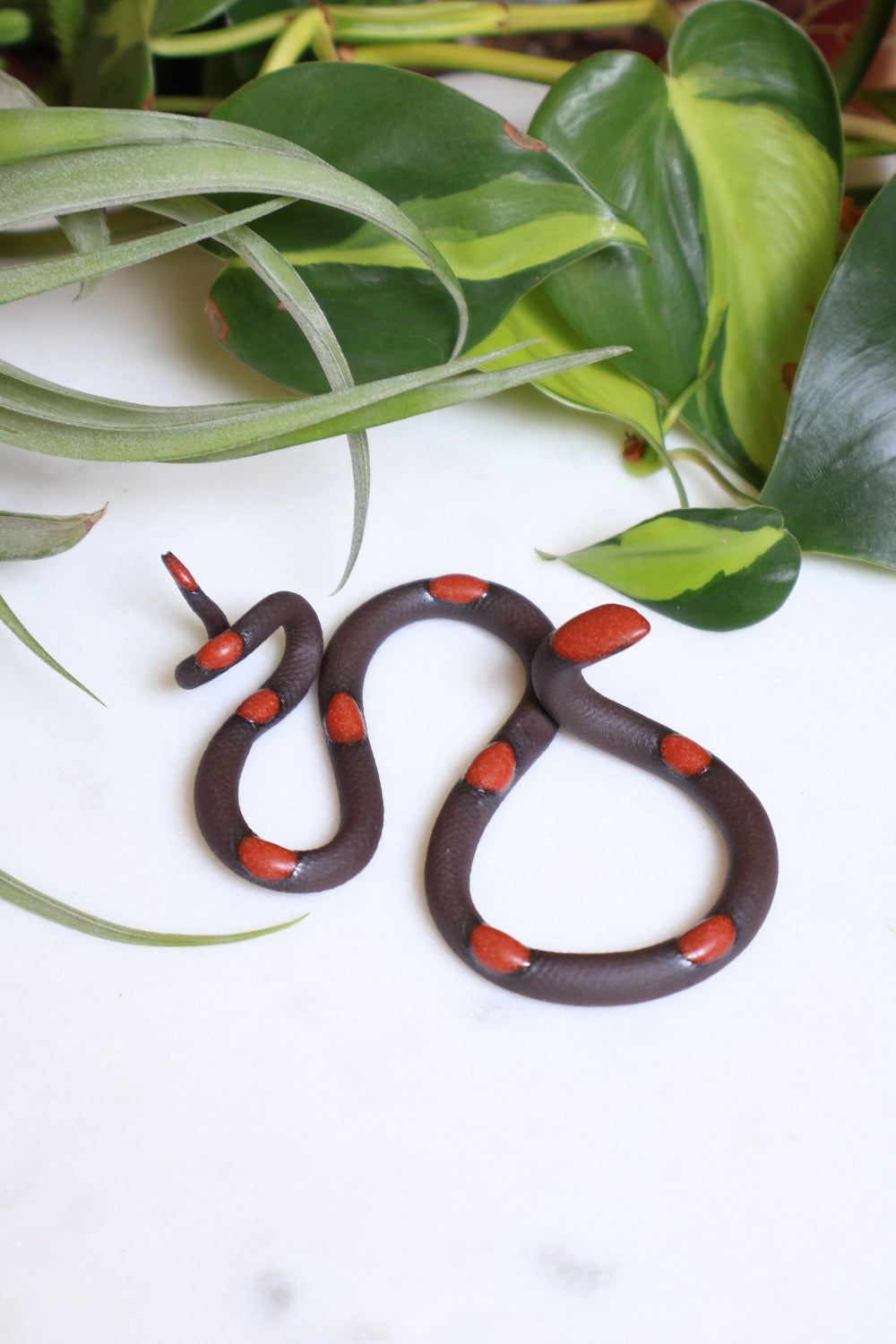 Small organic s-shaped pottery snake sculpture in the colorway Squash, a dark brown clay body with a red-orange glazed head and evenly spaced small dots.
