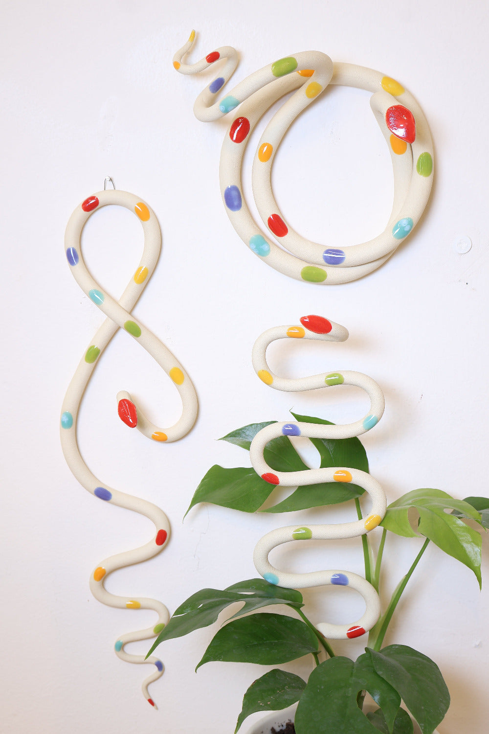Decorative ceramic snakes made out of ivory clay and dotted with colorful rainbow dots. There is a wall snake and large snake handing on a white wall and a plant snake stake in a leafy houseplant. 