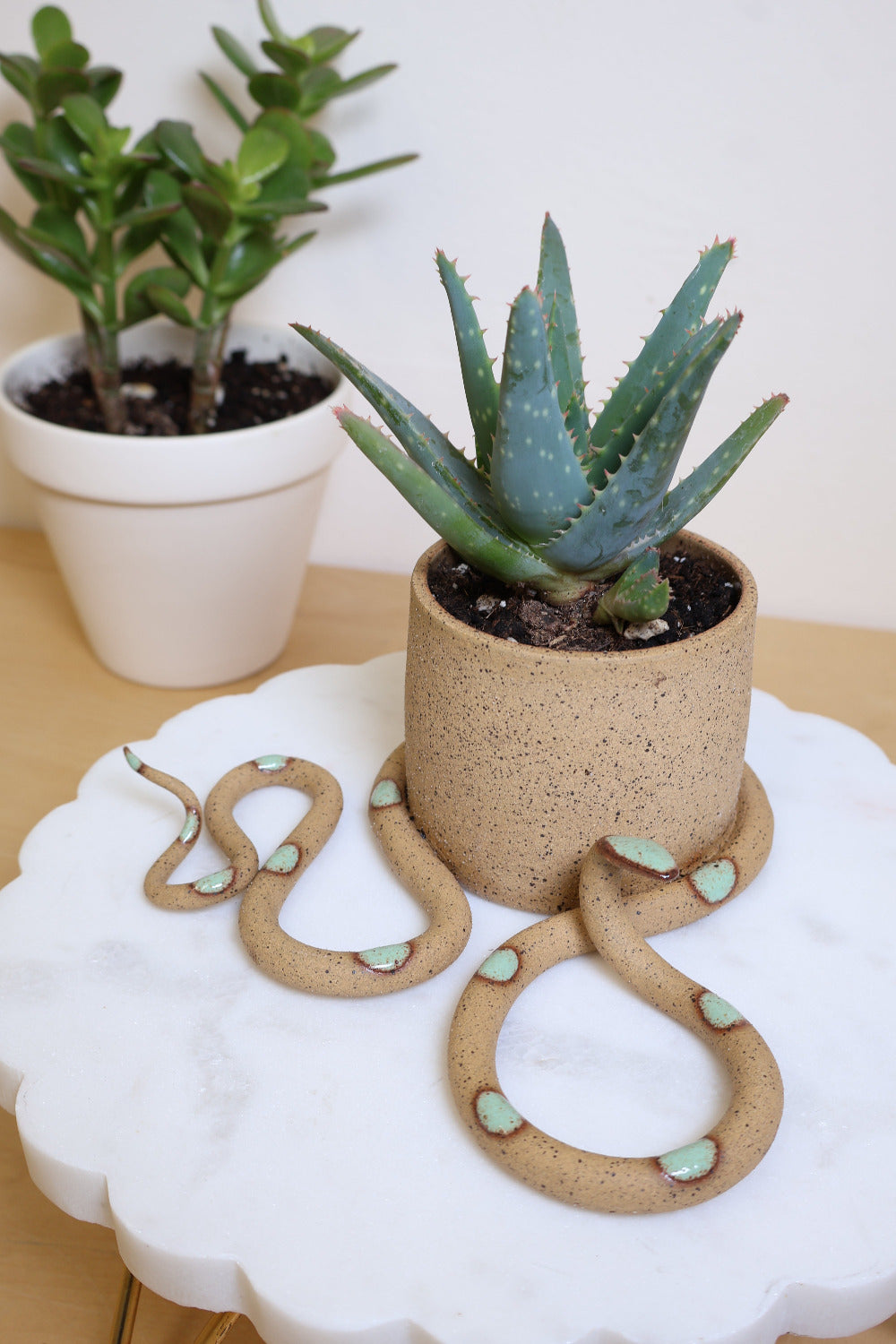 Potted aloe plant in a small pot. The pot has a wavy ceramic snake attached to the bottom so it looks like the snake is wrapped around the pot. The snake and pot are made out of a speckled tan clay and the snake has a glazed light green head and dots. This snake is Selma.