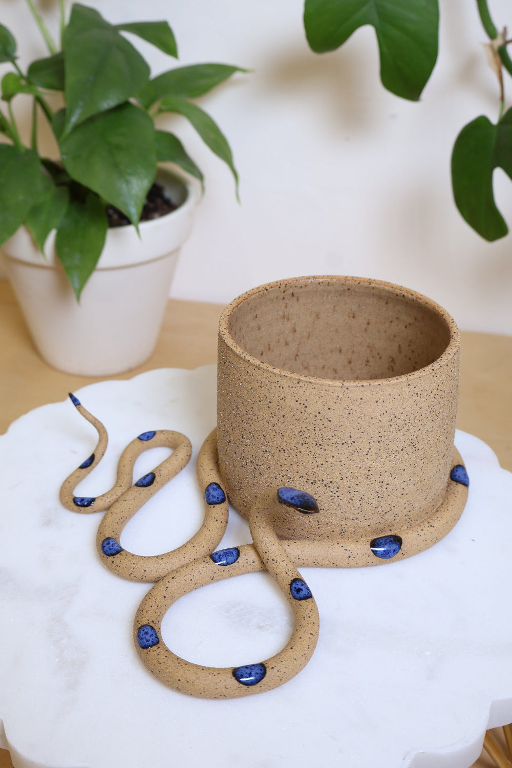Wavy ceramic snake wrapped around a small plant pot. The snake and pot are made out of a speckled tan clay and the snake has a glazed blue head and dots. This snake is Selena.