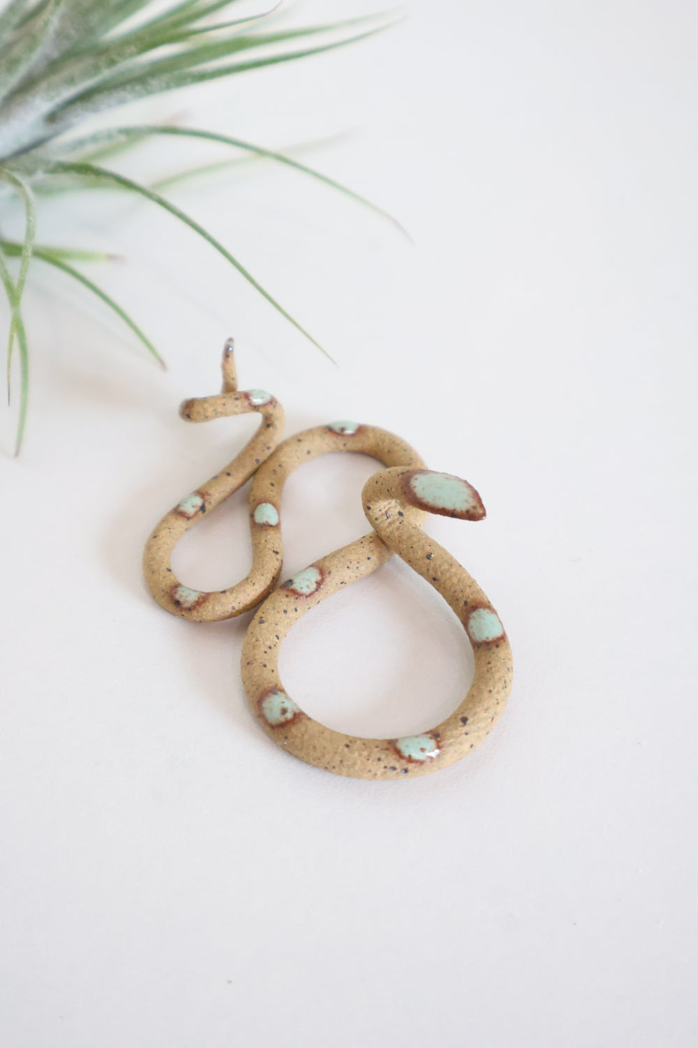 Itty bitty organic s-shaped pottery snake sculpture in the colorway Stevie, a matte black clay body with a light turquoise glazed head and evenly spaced glazed dots.
