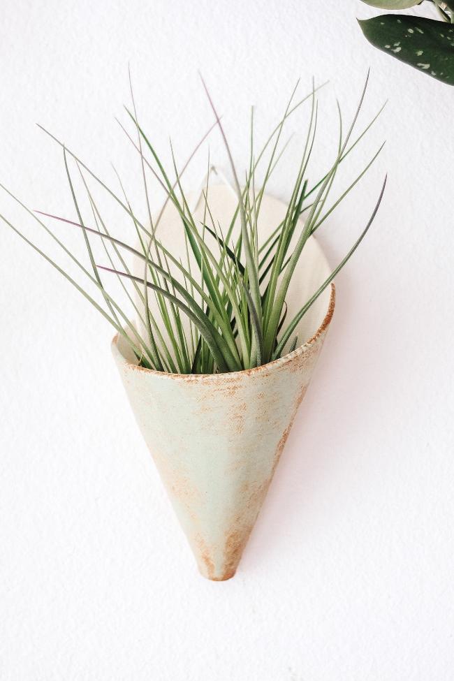 Modern ivory clay formed cone with green and brown pistachio glaze hanging on a wall from a faux leather loop and is holding a full green air plant.