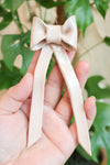 A pale pink glossy ceramic bow ornament with long, elegant tails, held in a hand. The ornament has a delicate, smooth texture, with lush green leaves of a plant softly blurred in the background.