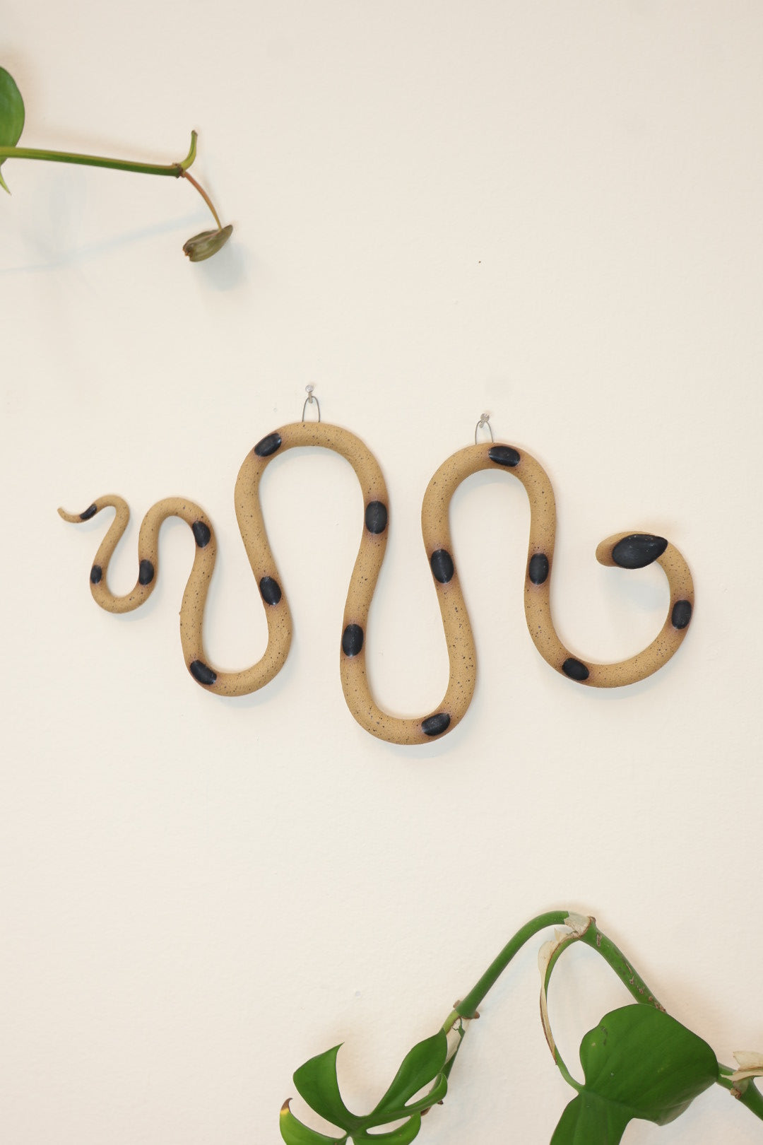 Horizontal wavy ceramic wall snake in the Sammy colorway, speckled tan clay base and black dots. It's hanging on a white wall with two small nails by its two small metal hooks.