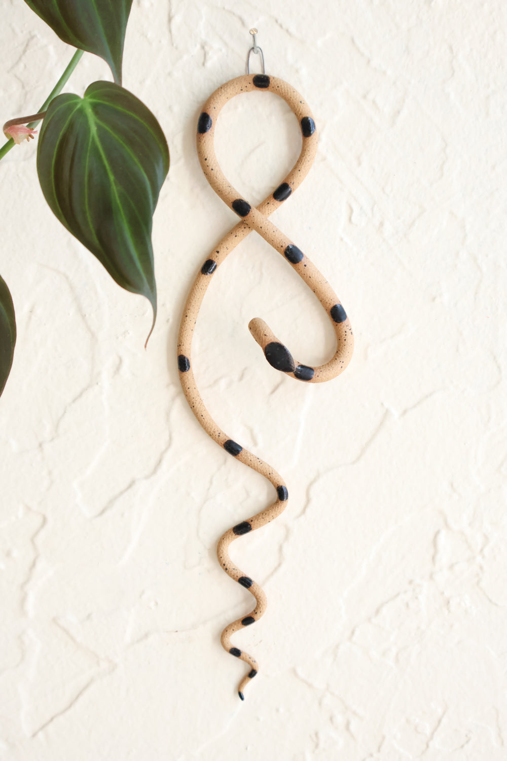 Small clay snake wall sculpture/decor hanging vertically from a metal loop on a white wall. The top of the snake crosses like a figure 8 and the tail hangs down in an organic s curve. This colorway is Stevie, dark brown clay and green turquoise dots. 