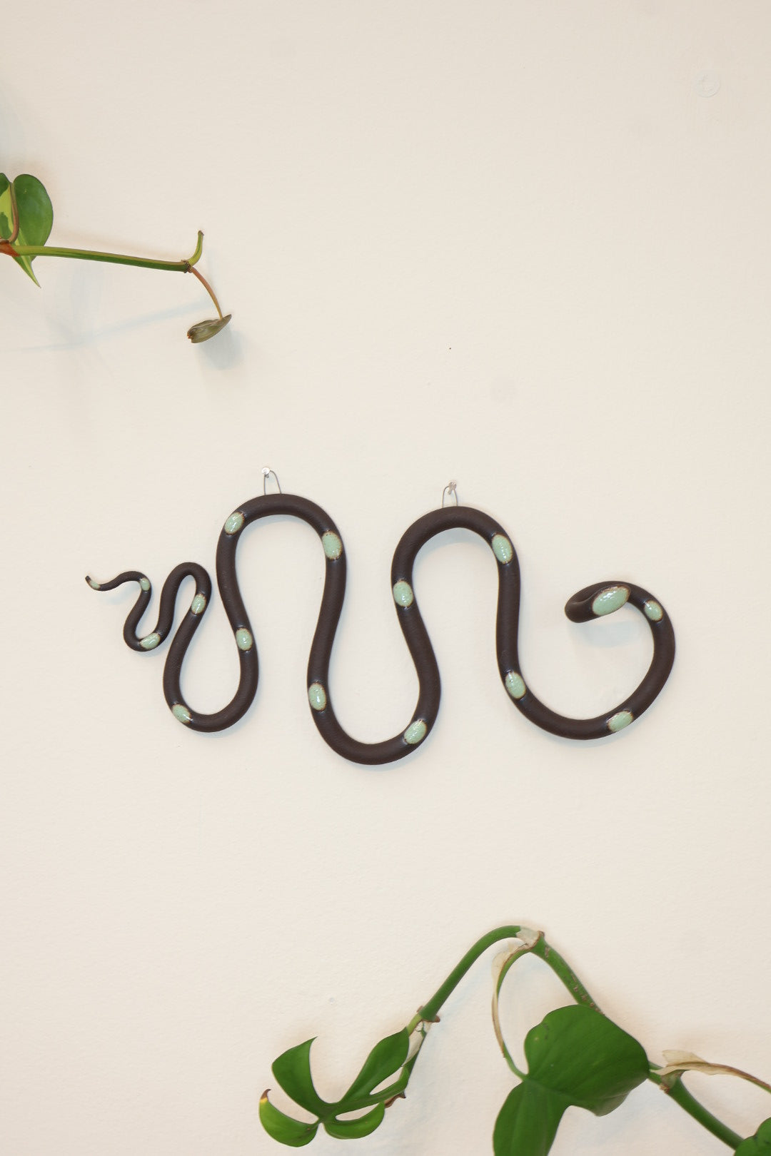 Horizontal wavy ceramic wall snake in the Stevie colorway, dark chocolate clay base and light turquoise dots. It's hanging on a white wall with two small nails by its two small metal hooks.