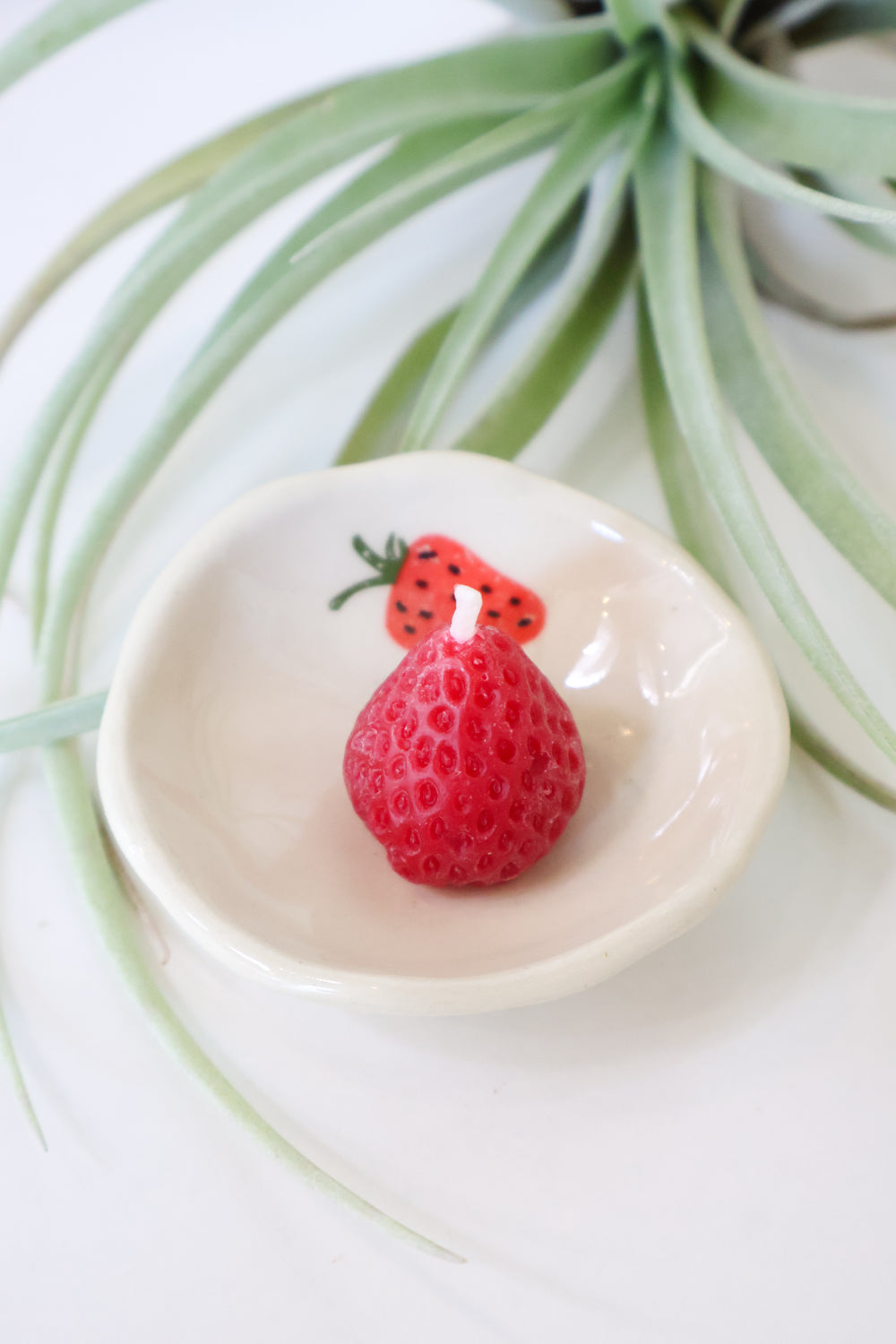 Realistic strawberry candle on a ceramic plate with a decorative air plant in the background. The plate features a single red strawberry decal.